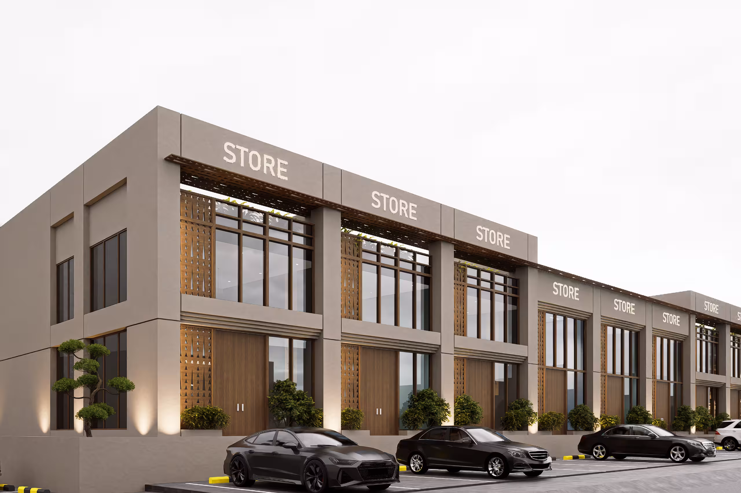 Contemporary retail strip with repeated storefront bays, timber screens and lit signage