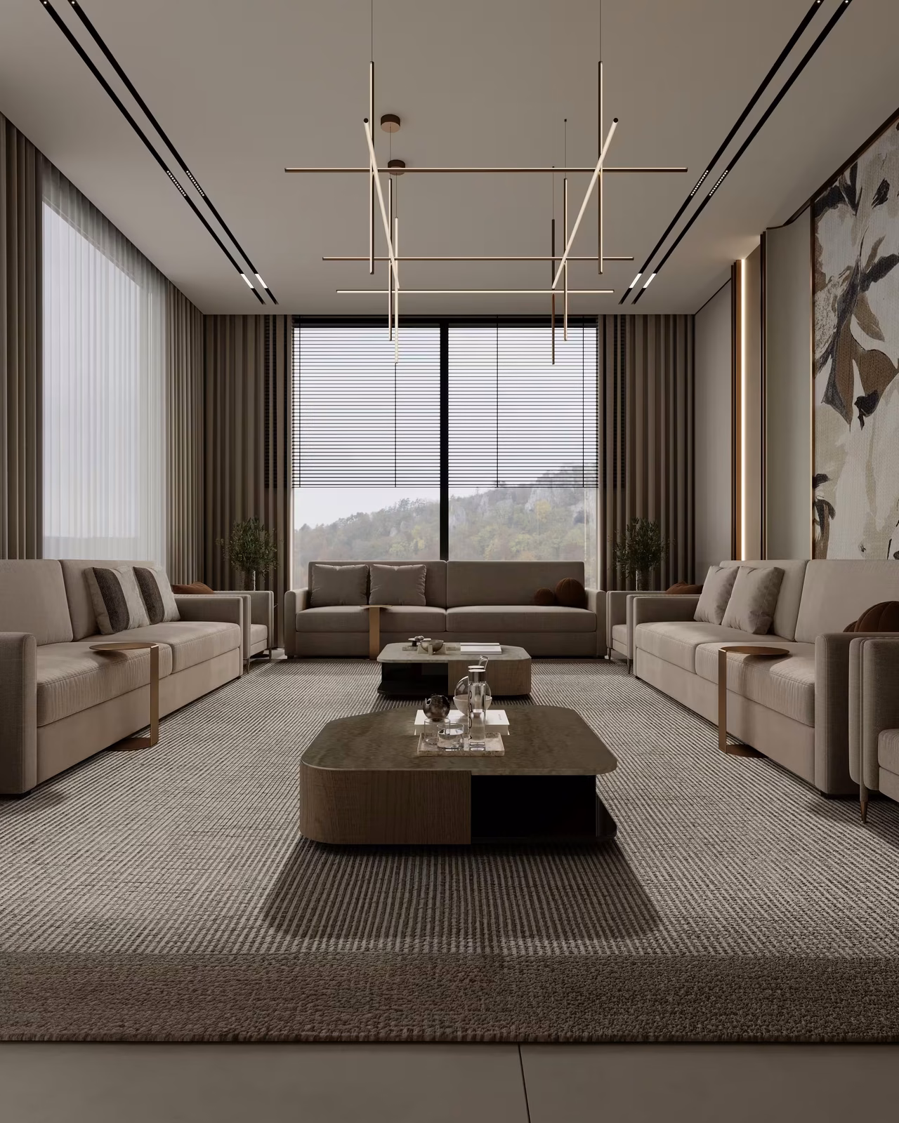 Calm living room with layered sofas, timber panels, large glazing and soft linear lighting