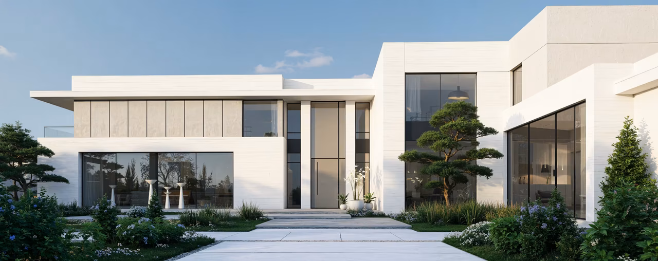 Residential project preview with white facade, glazed entry and planted front walk