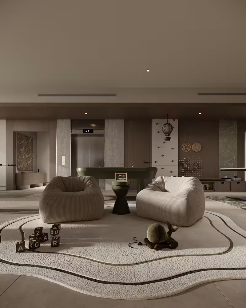 Family play lounge with soft bean seating, graphic rug, toys and integrated storage