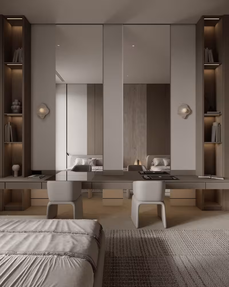 Bedroom study and vanity wall with integrated desk, shelving and symmetrical lighting