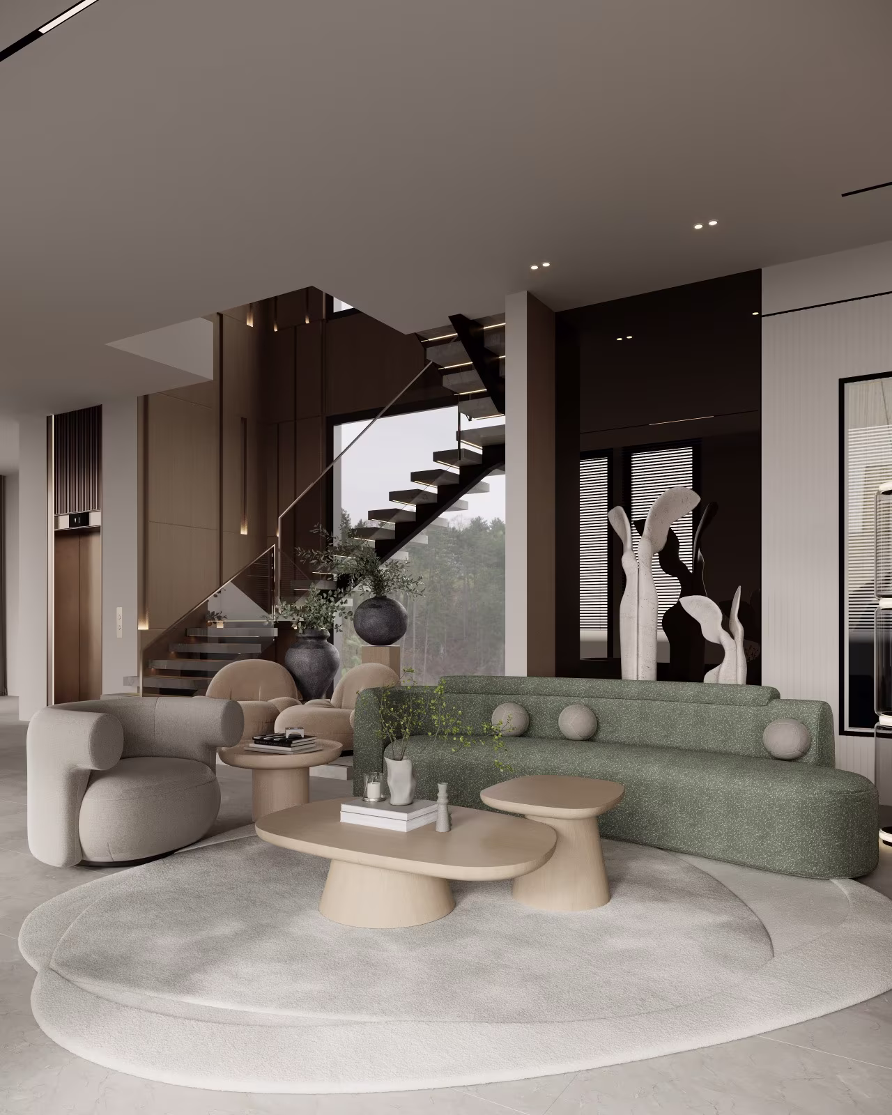 Open living room with sculptural seating, floating stair and layered timber wall panels