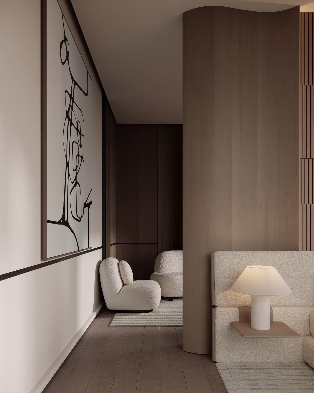 Soft lounge interior with timber wall panels, rounded chairs and calm neutral finishes