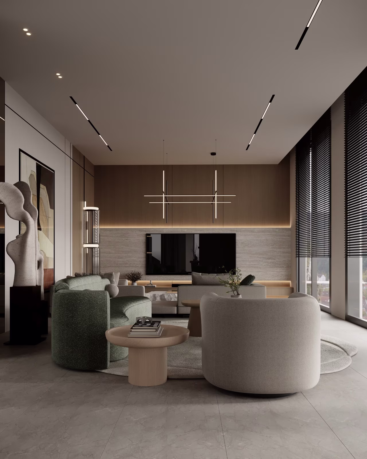 Layered living room with timber cladding, built-in media wall and sculptural lighting