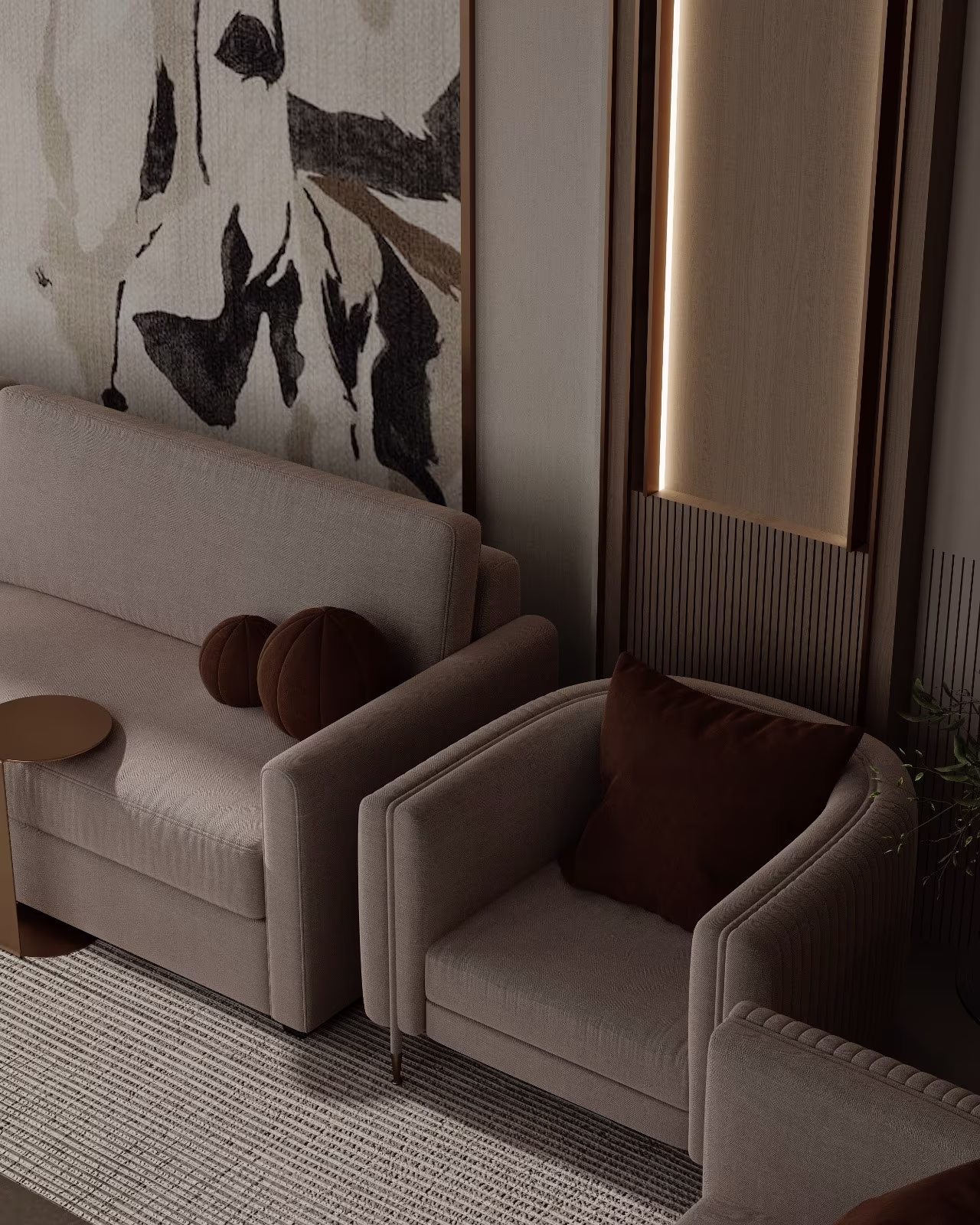 Close interior detail with textured seating, fluted timber and concealed wall lighting