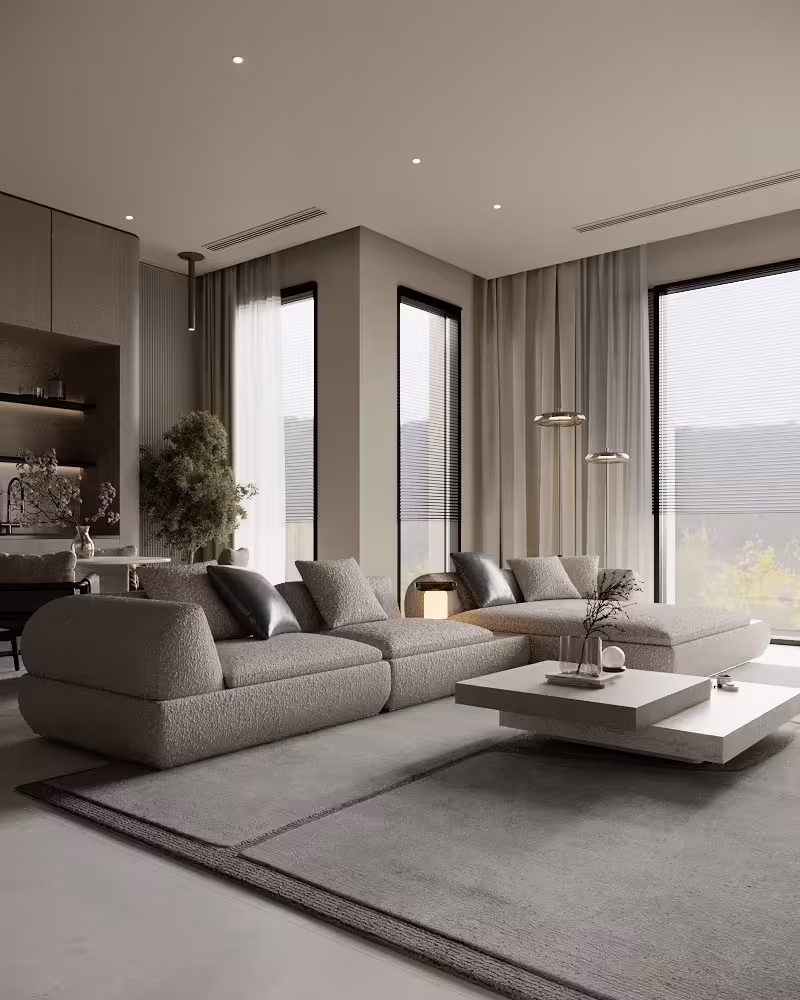 Formal living room with floor-to-ceiling glazing, layered seating and a dark display wall