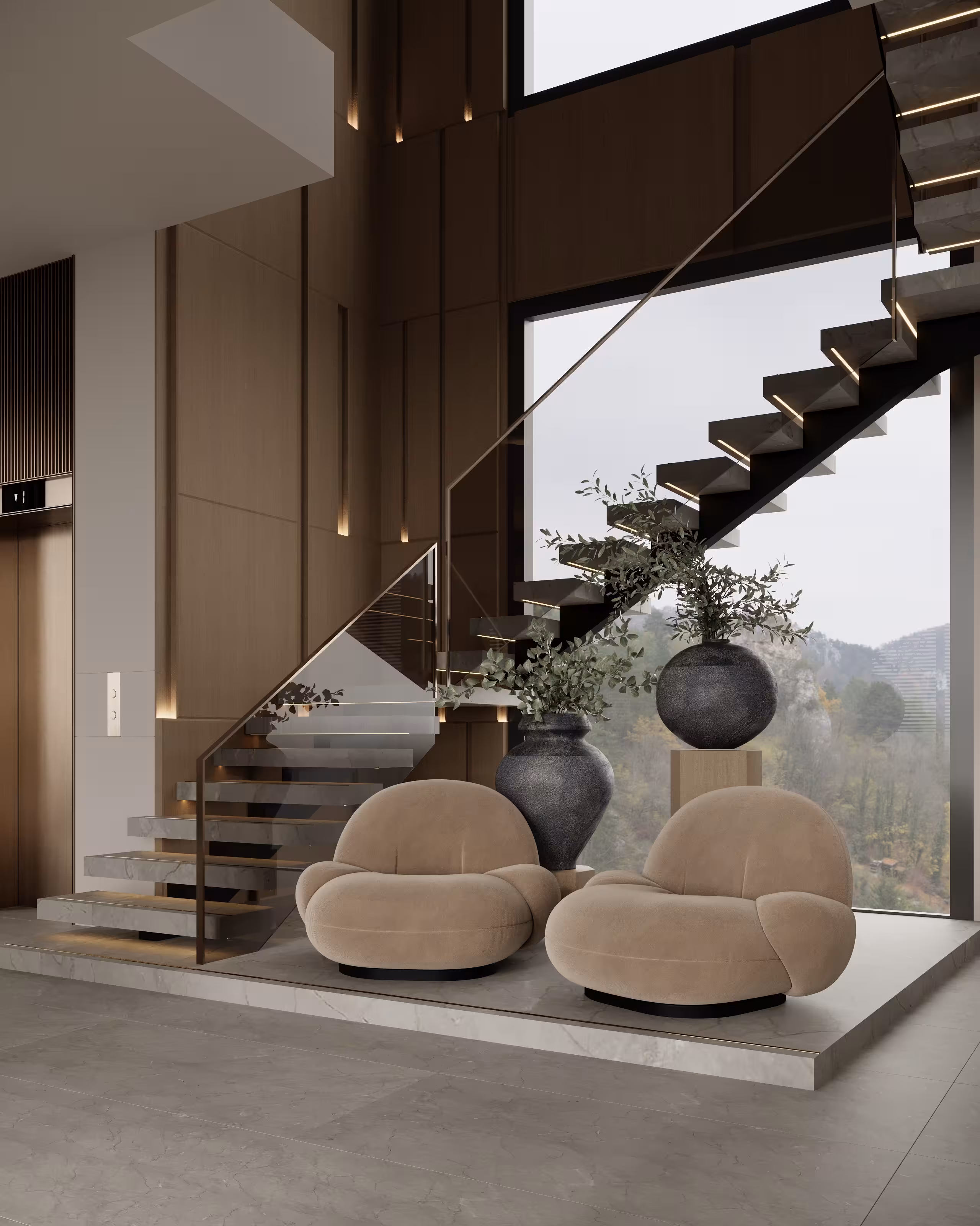 Stair landing lounge with floating stair, panoramic glazing and curved occasional chairs