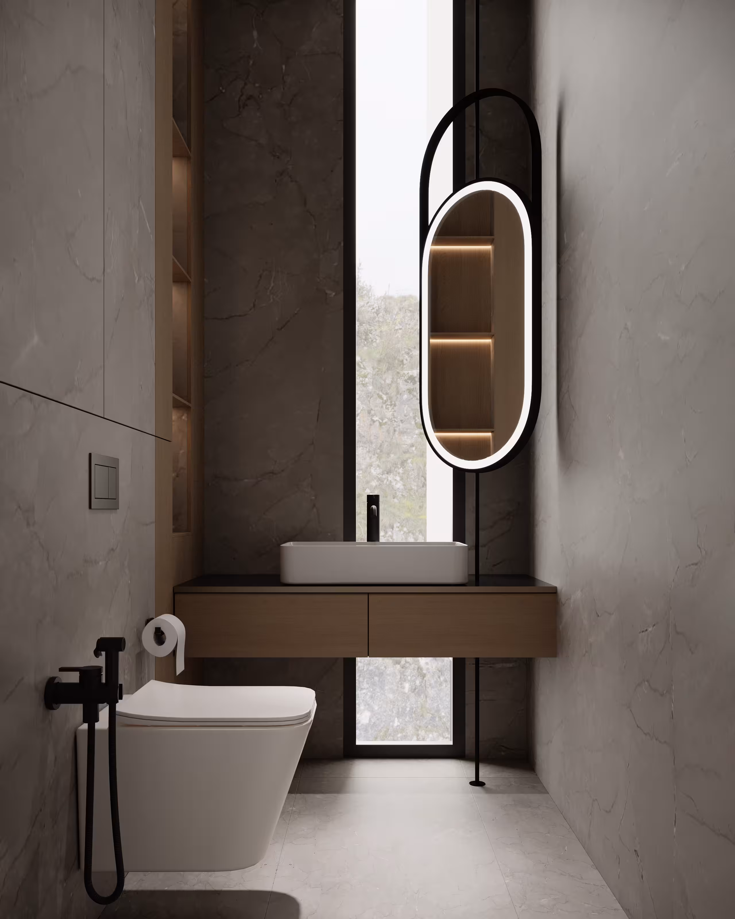 Compact guest powder room with marble walls, timber vanity and illuminated oval mirror