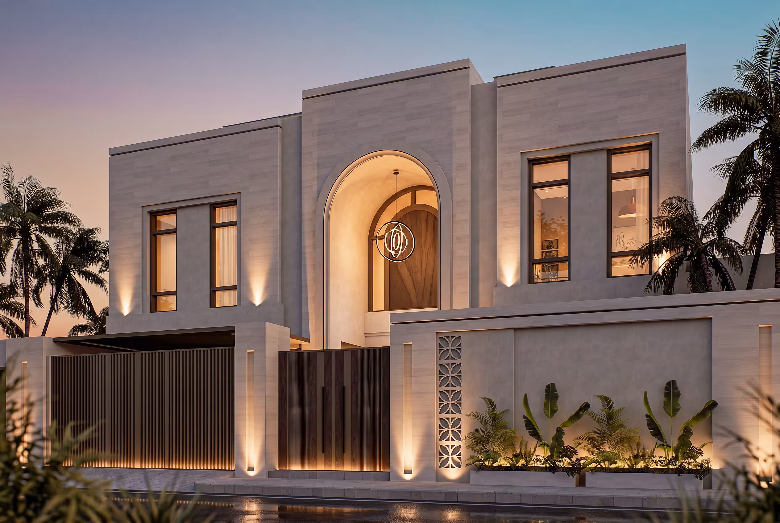 Modern street-facing villa with tall entry volume, front wall, palms and planting